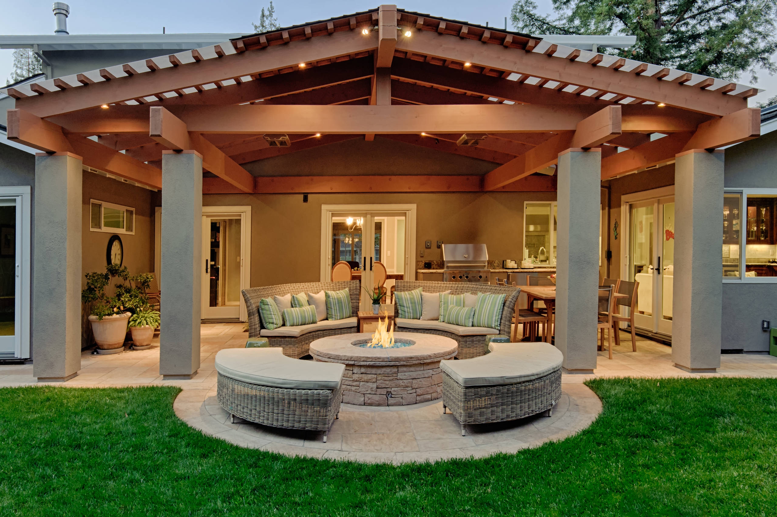 Pergola Patio Set With Gabled Timber Roof and Fire Pit
