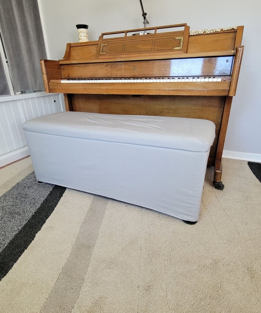 Piano Bench: Floor Length Slipcover Gray Fabric Seating