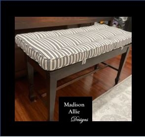 Piano Bench: Ticking Stripe and Tufted Striped Cushion