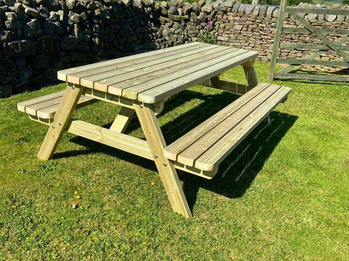 Picnic Table with Natural Grain and Attached Benches