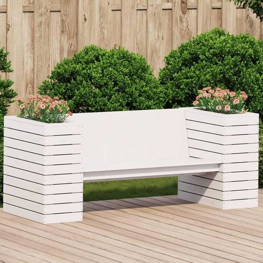 Planter Bench in Crisp White with Dual Planters and Slatted Sides