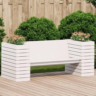 Planter Bench in Crisp White with Dual Planters and Slatted Sides