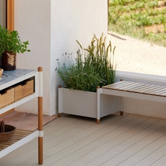 Planter Bench White and Wood Outdoor Seating with Rounded Wood Posts