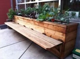 Planter Bench with Cantilevered Bench and Rustic Wood Raised Bed