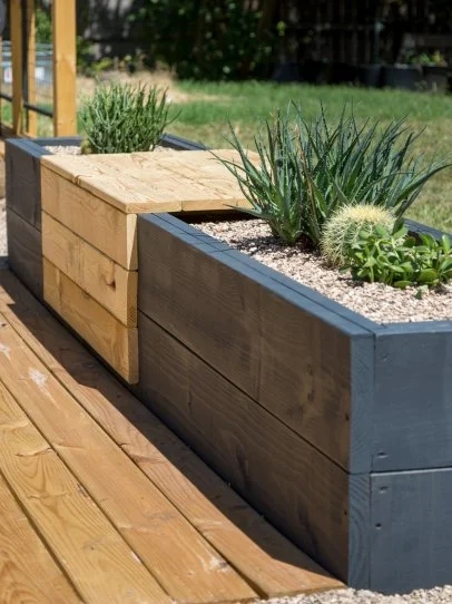 Planter Bench with Inset Bench and Charcoal Wood Planter Mulch
