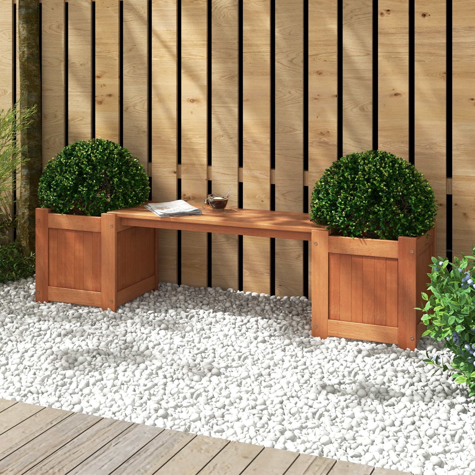 Planter Bench with Slat Panels and Outdoor Wood Planter Bench Style