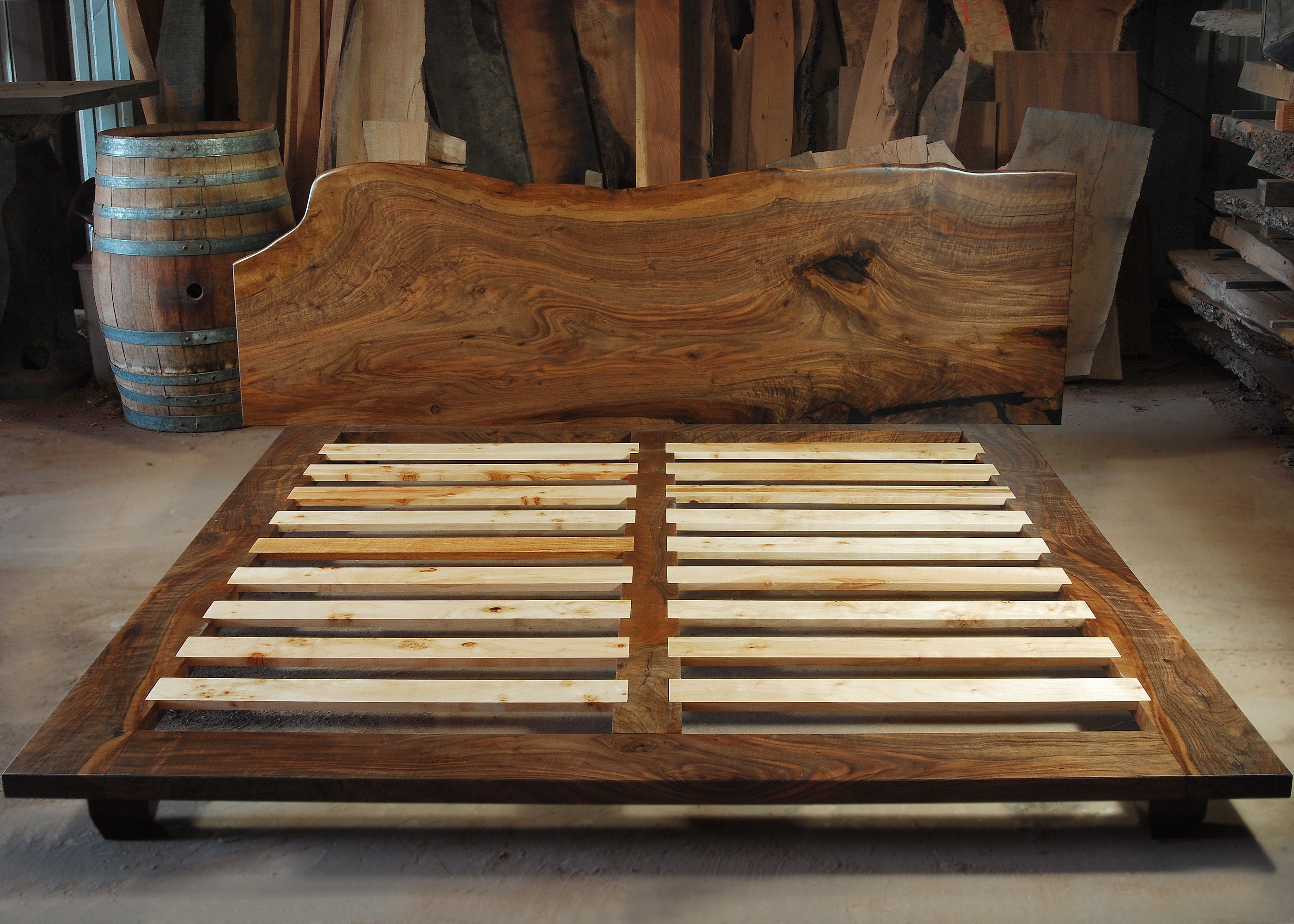 Platform Bed Featuring Wide Platform Border and Walnut Wood