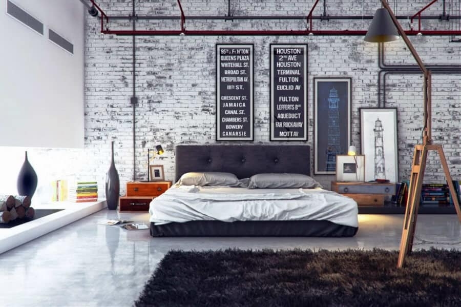 Platform Bed Tufted Headboard Exposed Conduit Decor