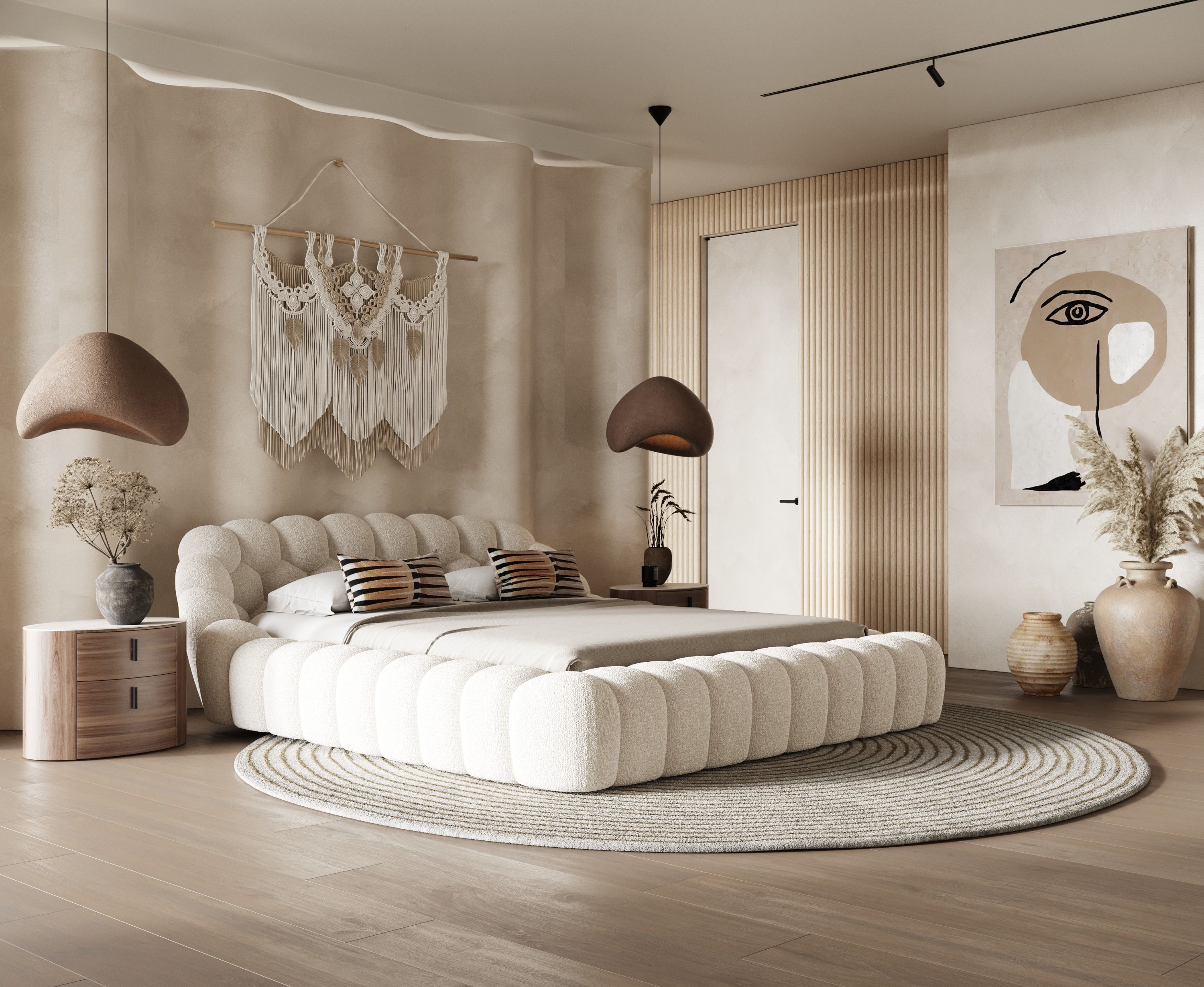 Platform Bed with Channeled Off-White Bubble Frame Upholstery