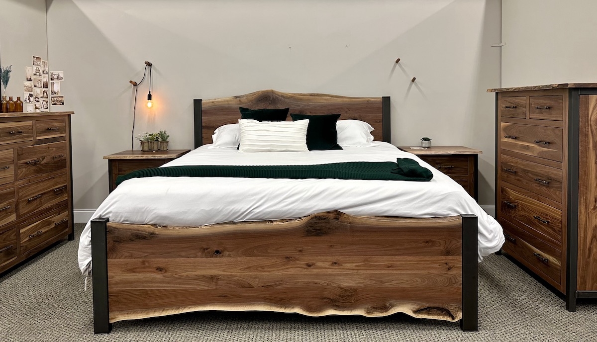 Platform Bed with Heavy Metal Posts and Industrial Wood
