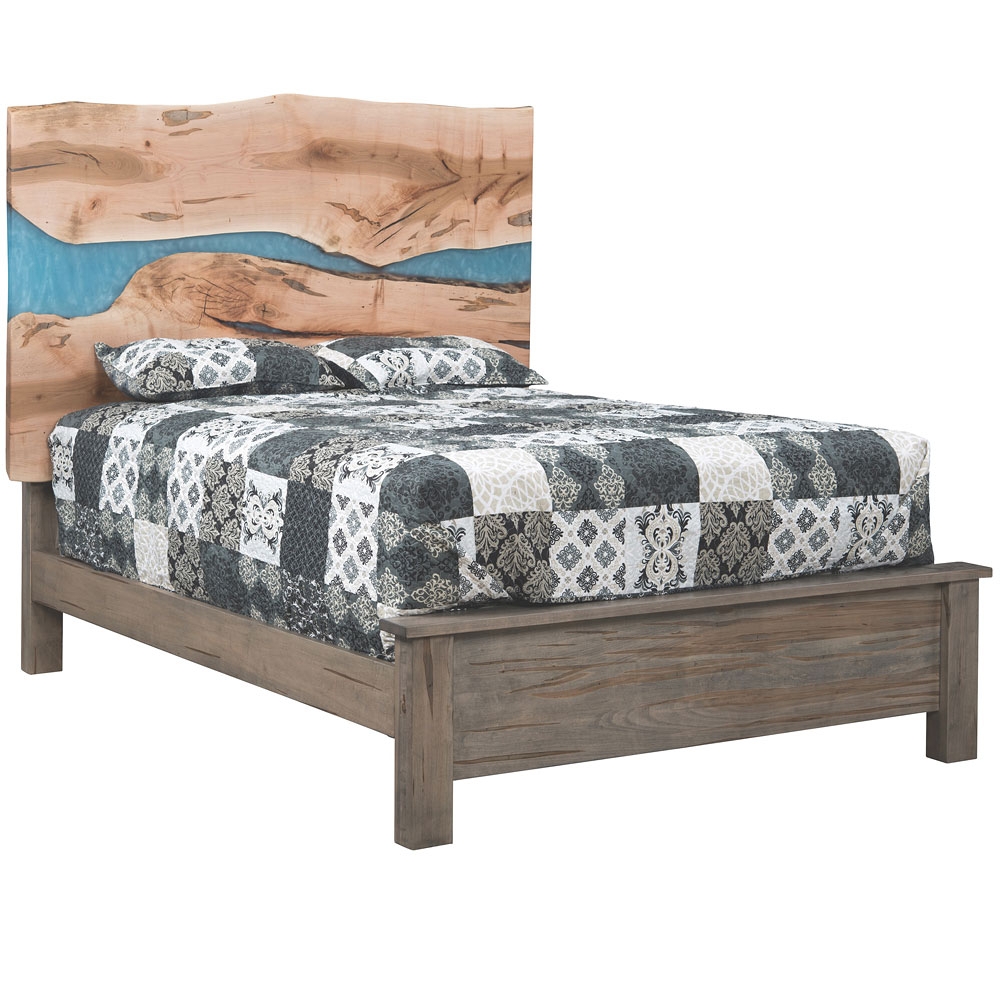 Platform Bed with Resin River Inlay and Blue Headboard