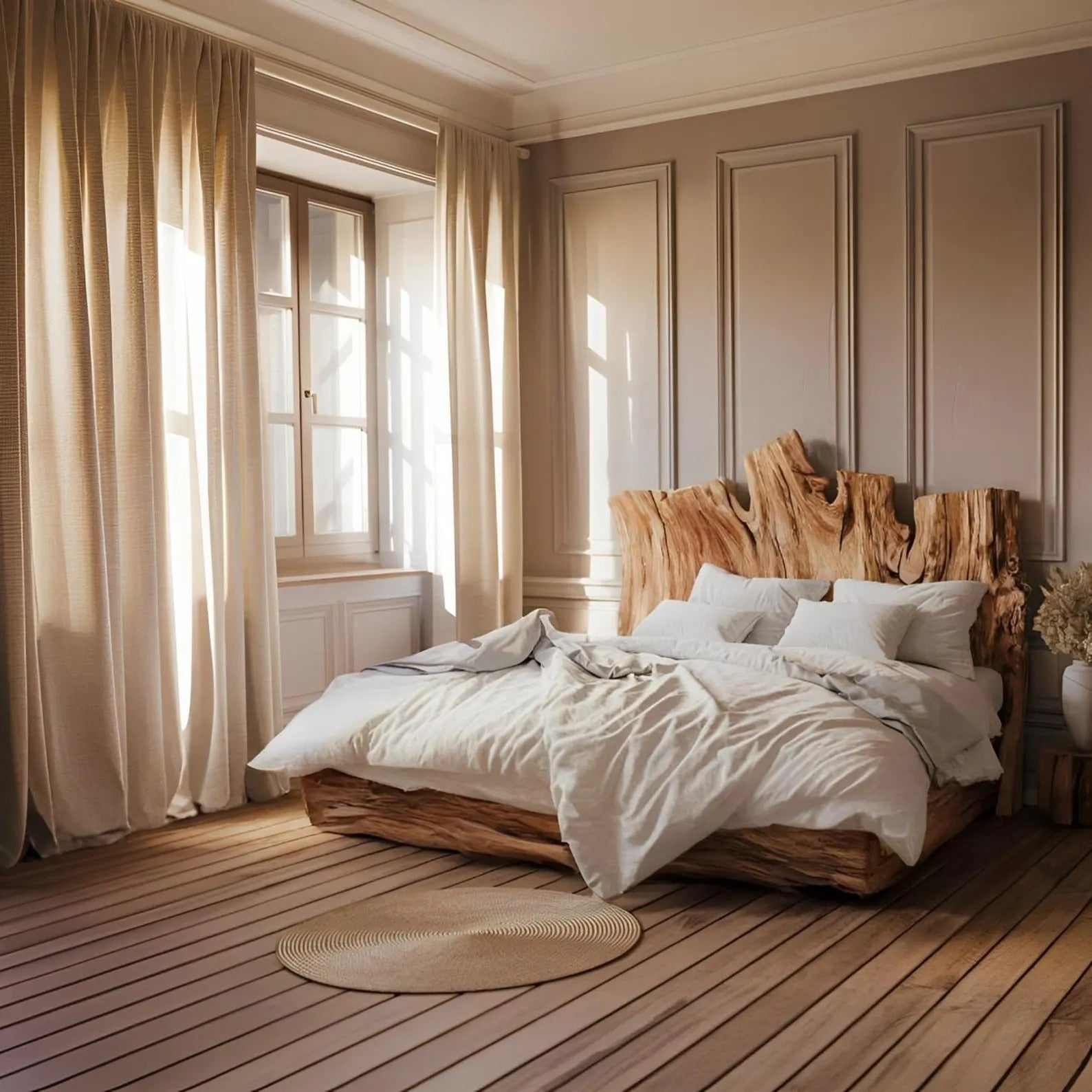 Platform Bed with Tree Trunk Base and Organic Sculptural Look