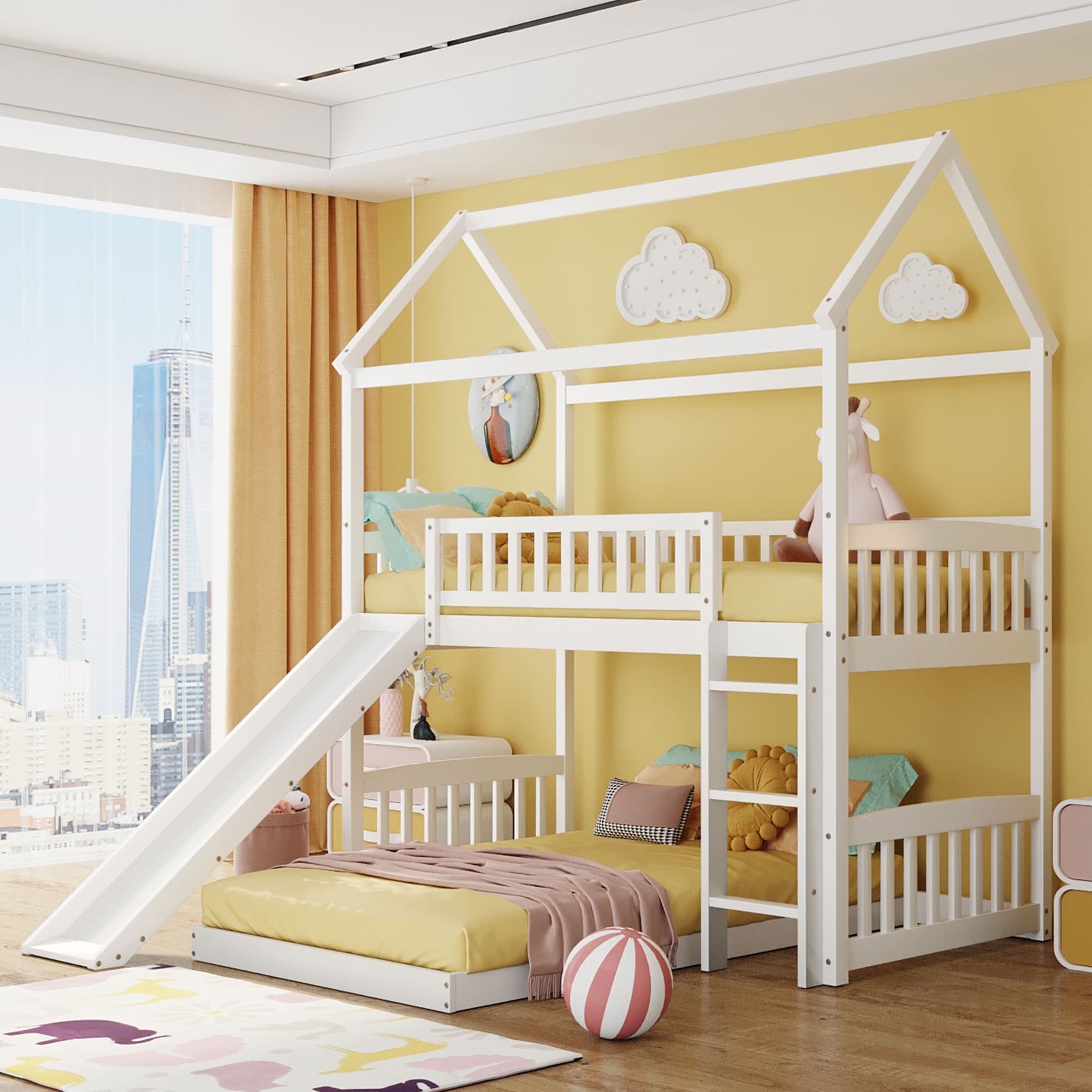 Playhouse Bunk Bed House Shaped Roof Modern Children's Loft Bed