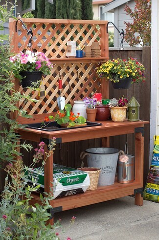 Potting Bench with Lattice Backboard and Wooden Potting Bench Sink