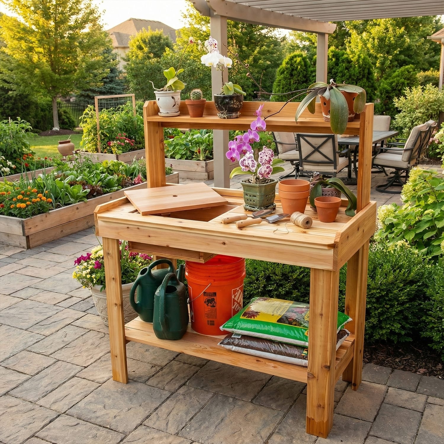 Potting Bench with Removable Hatch and Cedar Potting Bench Drawer