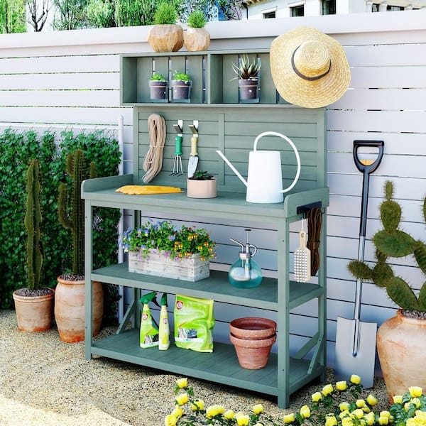 Potting Bench with Upper Storage Cubbies and Sage Green Finish