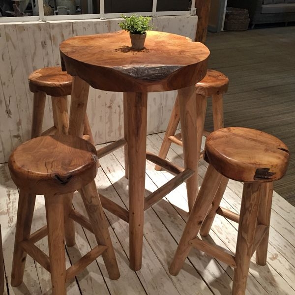 Pub Table Set with Live Edge Top and Teak Wood Slab Seats