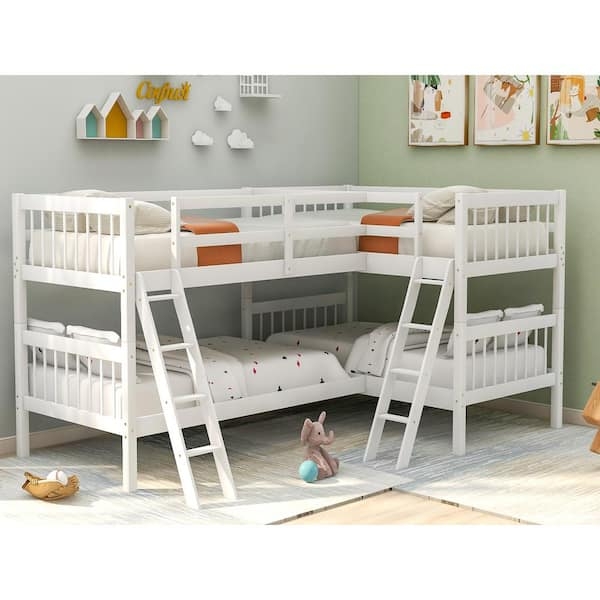 Quad Bunk Bed: Angled Ladders White Twin Corner Bed