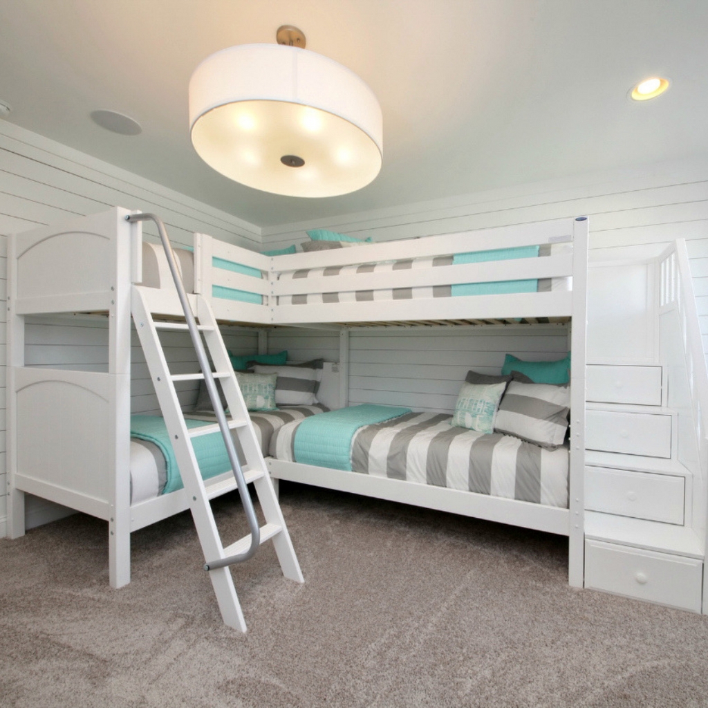 Quad Bunk Bed: L-Shaped Layout White Wood Corner Bed