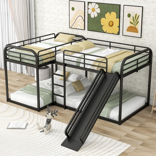 Quad Bunk Bed: Matte Black Finish L-Shaped Bed Design