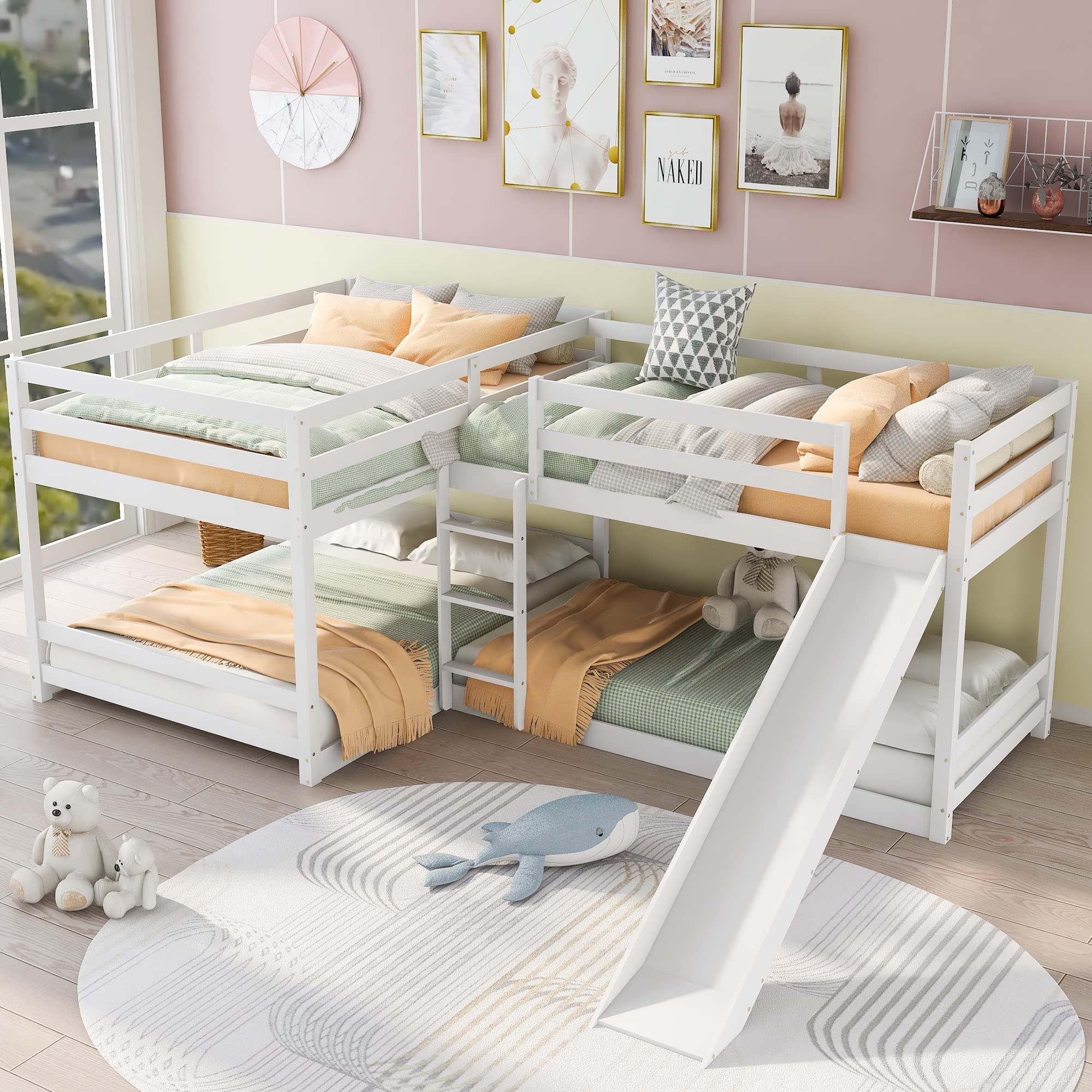 Quad Bunk Bed: Sleeps Four Matte Painted Wood Frame