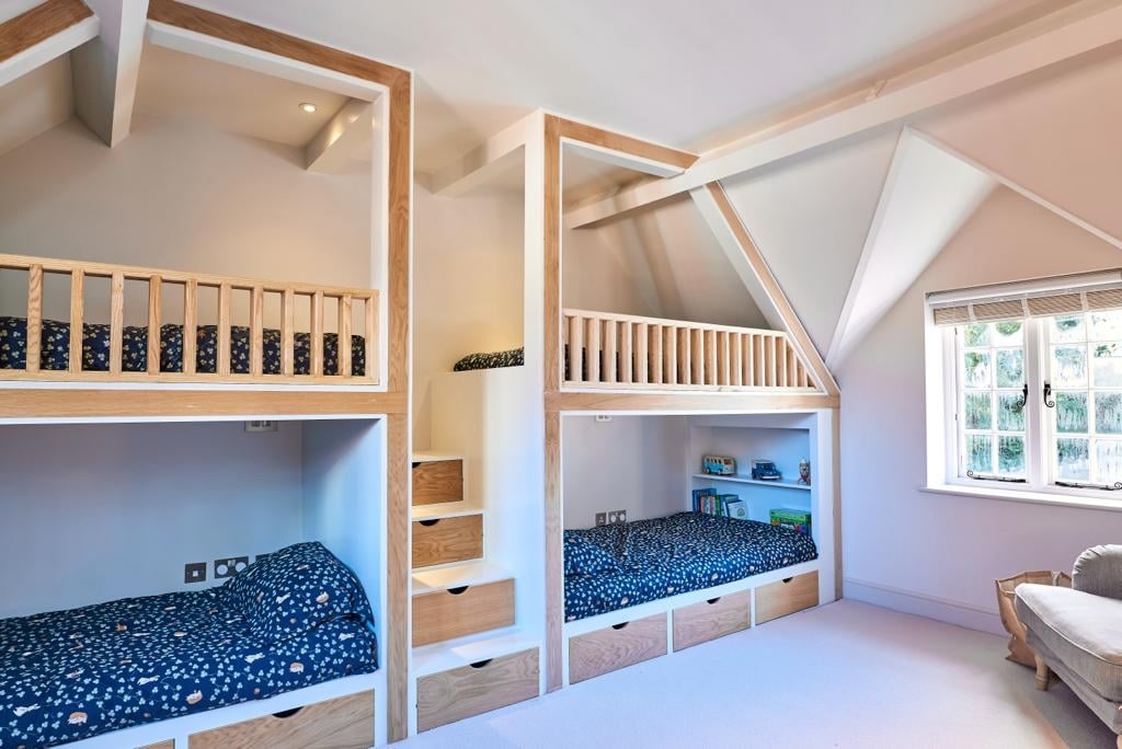 Quad Bunk Bed: Sloped Ceiling Fit Painted Wood Frame