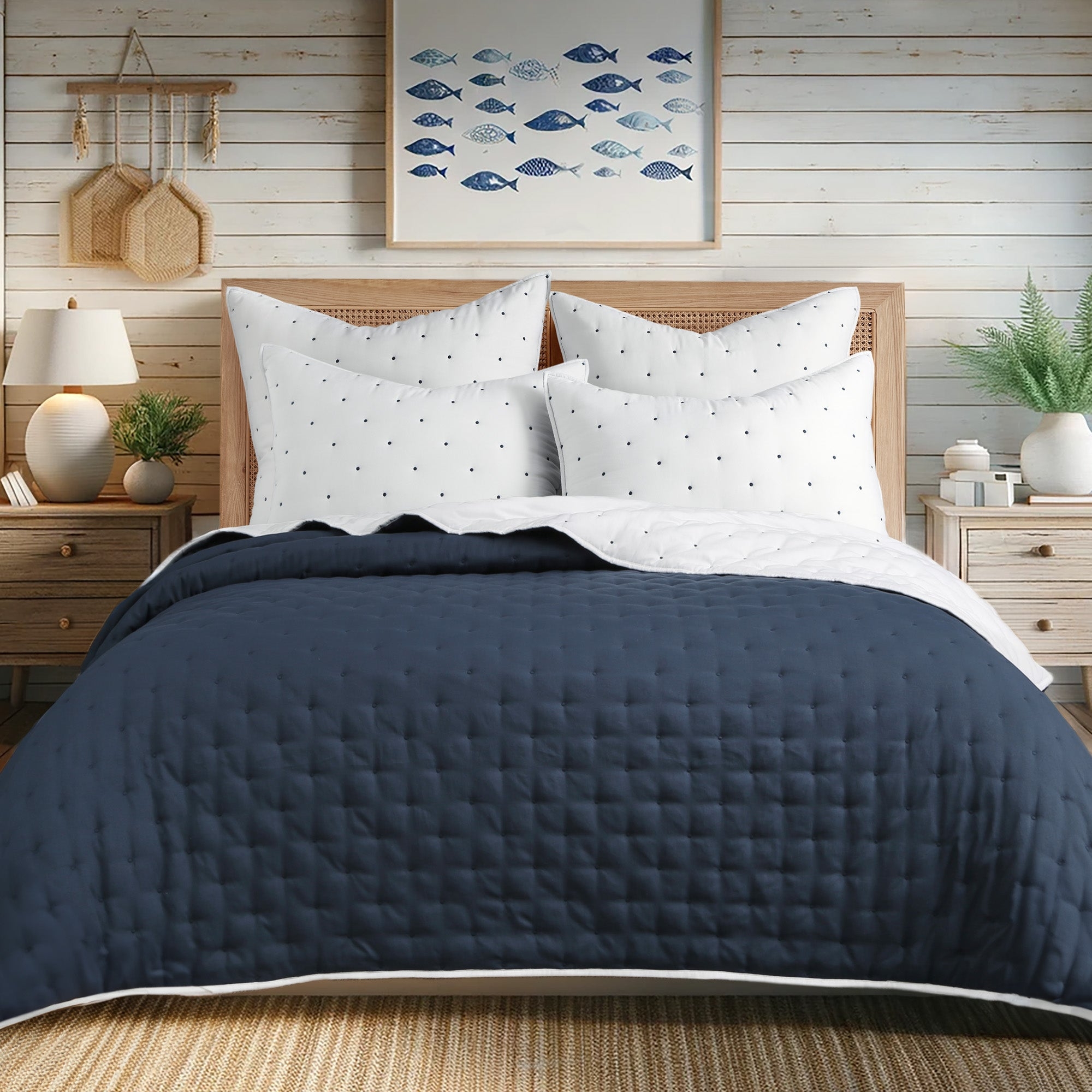 Quilt Set Matte Dark Blue Grid Coastal Blue Bedding