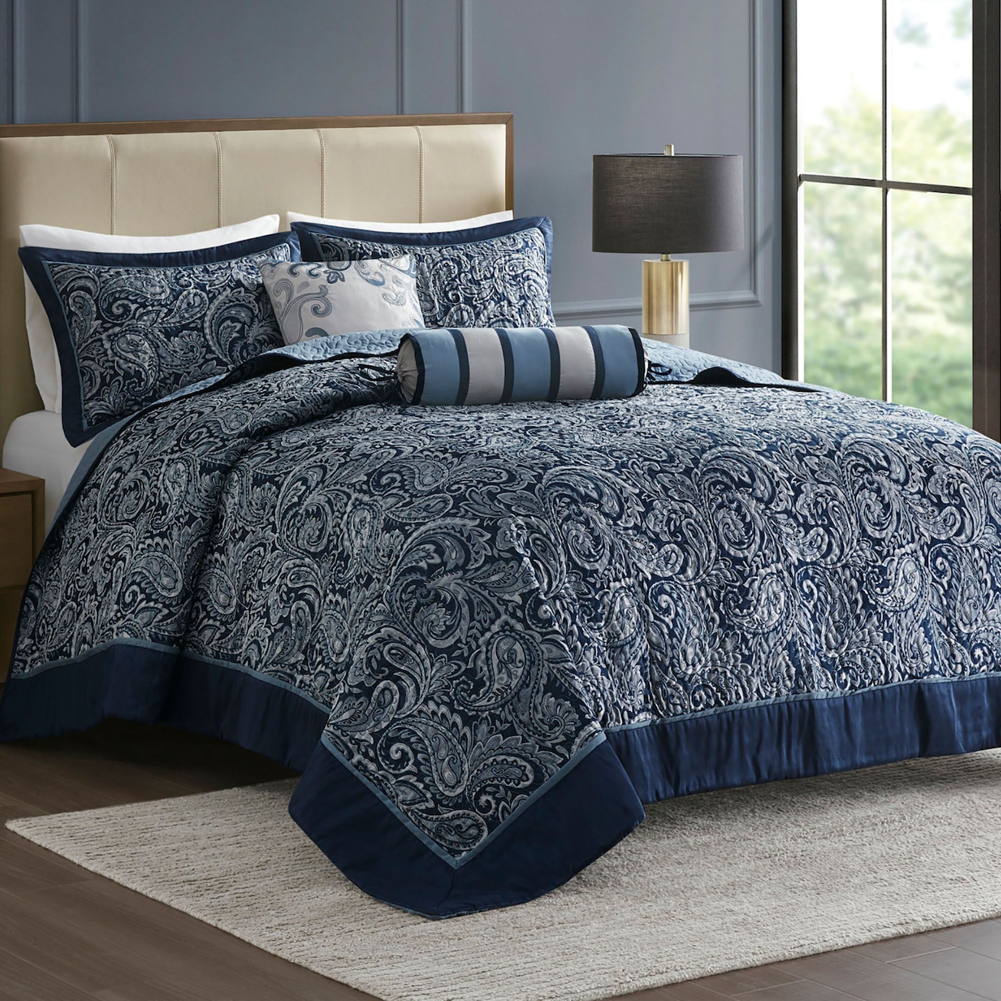 Quilted Bedspread Paisley Pattern Navy Paisley Bedspread
