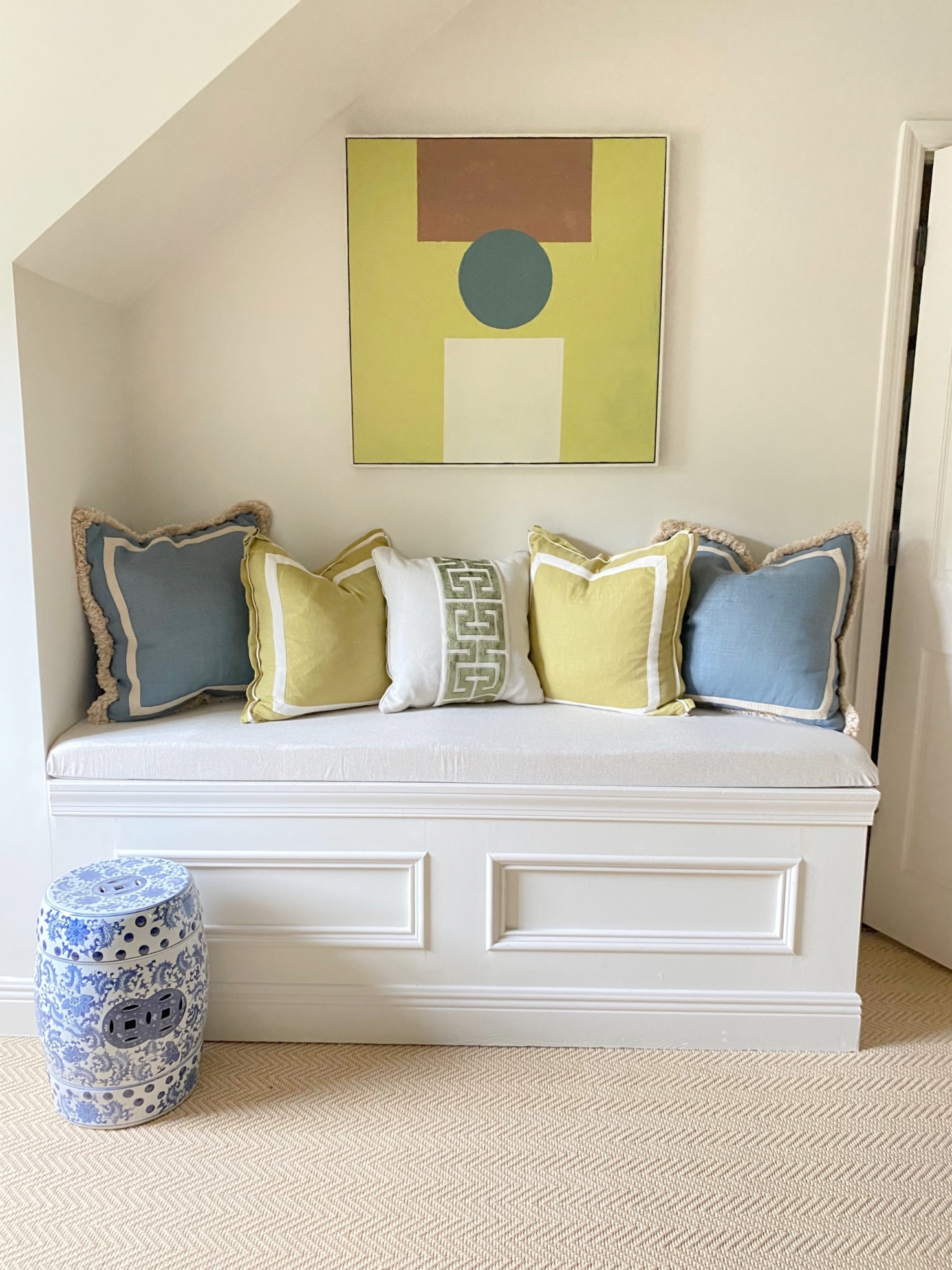 Recessed Panel Bench with Garden Stool and Abstract Art