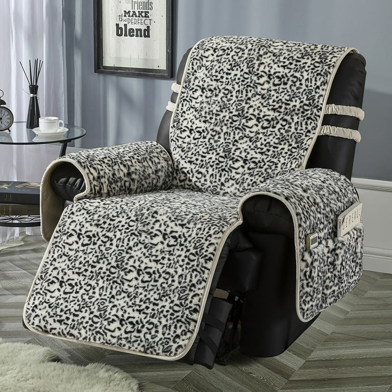 Recliner Chair Cover: White Leopard Print Velvet Pockets