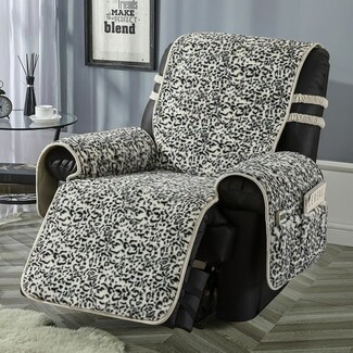 Recliner Chair Cover: White Leopard Print Velvet Pockets