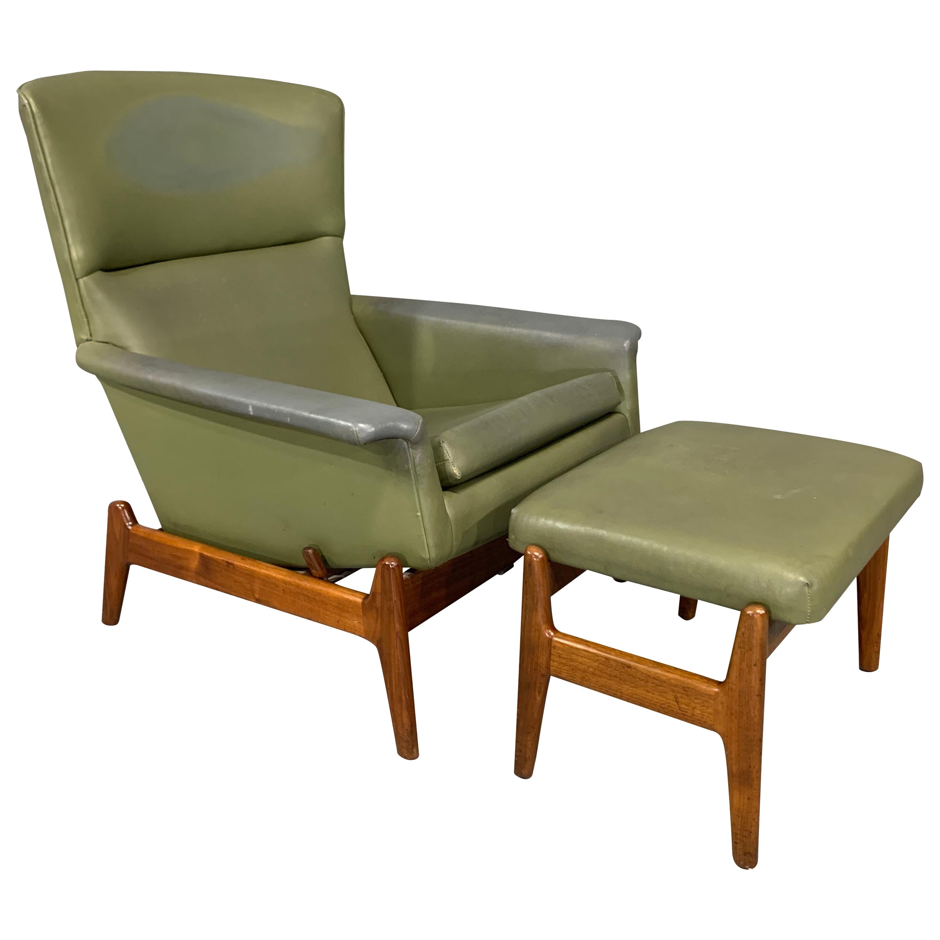Recliner Chair utilizing Sculptural Wood Base in Olive