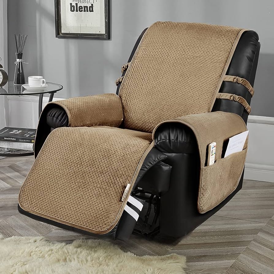 Recliner Slipcover: Camel Quilted Side Storage Pockets