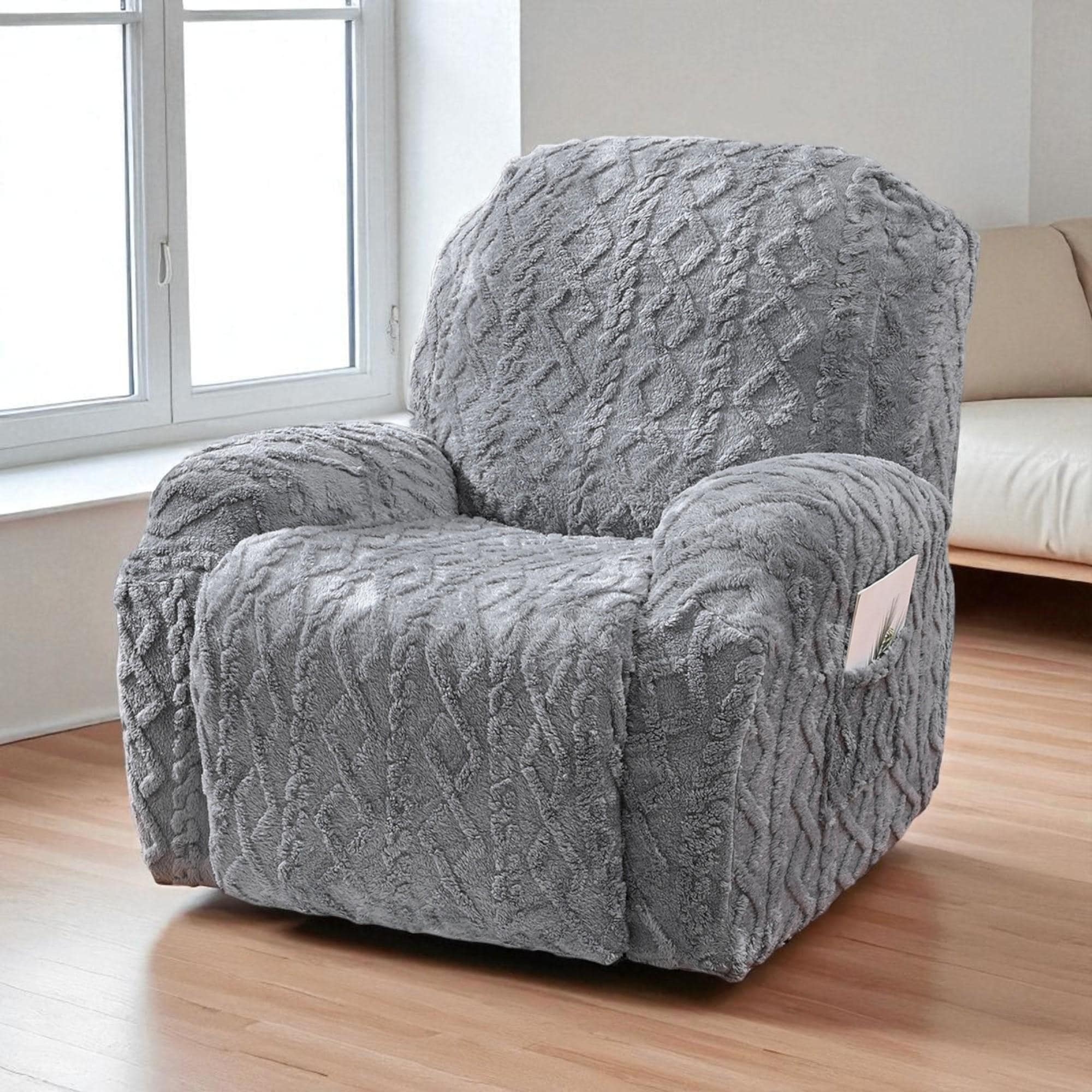 Recliner Slipcover: Grey Cable Knit Side Pocket Wrap