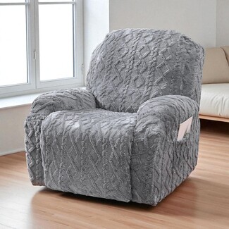 Recliner Slipcover: Grey Cable Knit Side Pocket Wrap