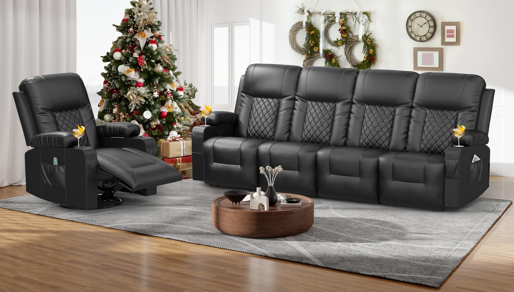 Recliner Sofa Set: Black Diamond Quilted Back Home Theater