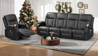 Recliner Sofa Set: Black Diamond Quilted Back Home Theater