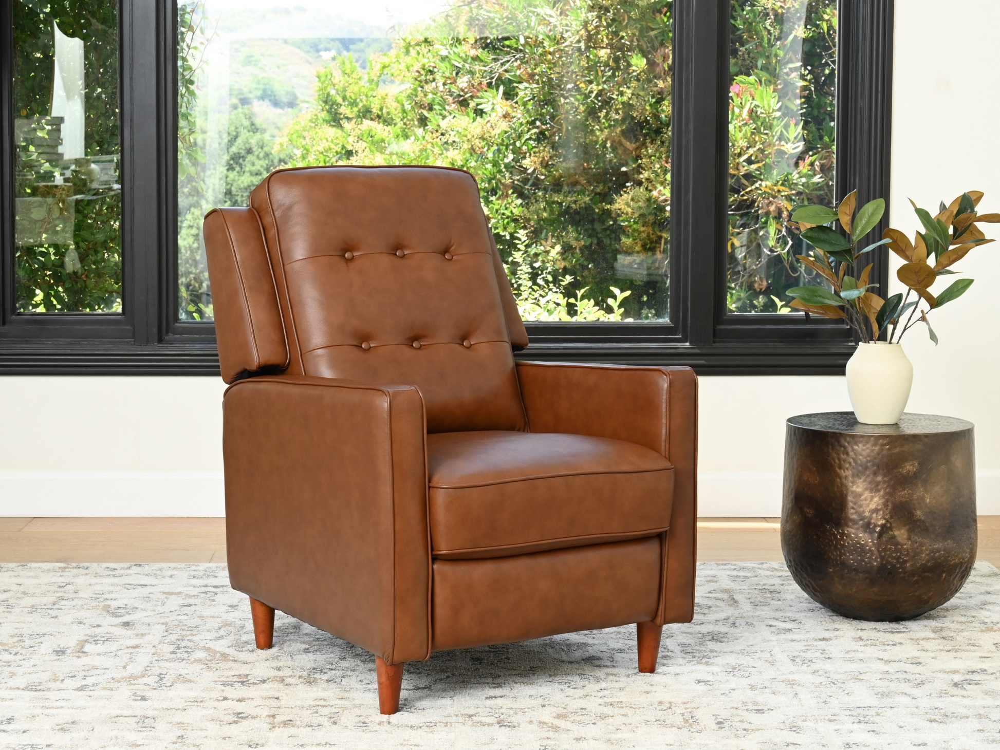 Recliner with Camel Leather Like and Button Tufting