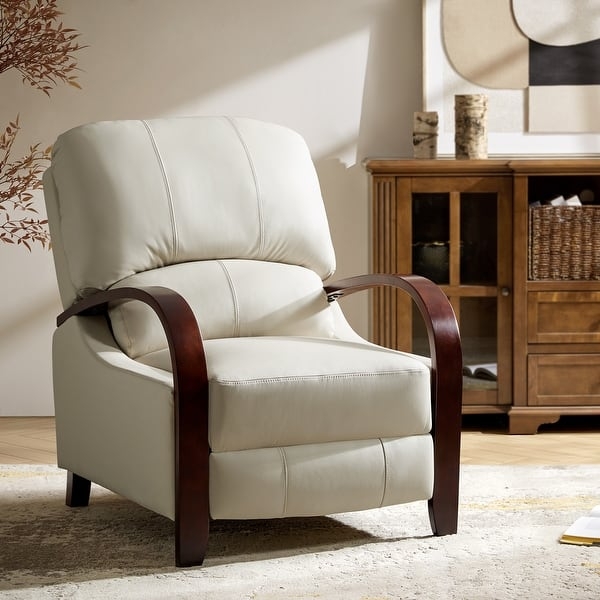 Recliner with Curved Wooden Arms and Off White Leather Like