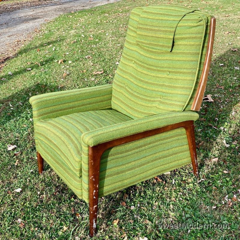 Recliner with Striped Upholstery and Walnut Trim in Green