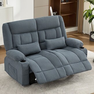 Reclining Loveseat: Blue Fabric with Plush Segmentation
