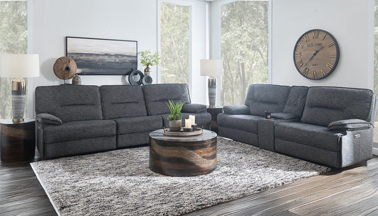 Reclining Sofa Charcoal Upholstery and Drum Style Coffee Table