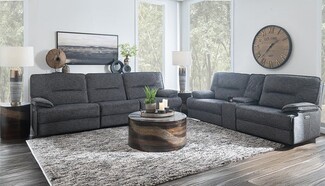 Reclining Sofa Charcoal Upholstery and Drum Style Coffee Table