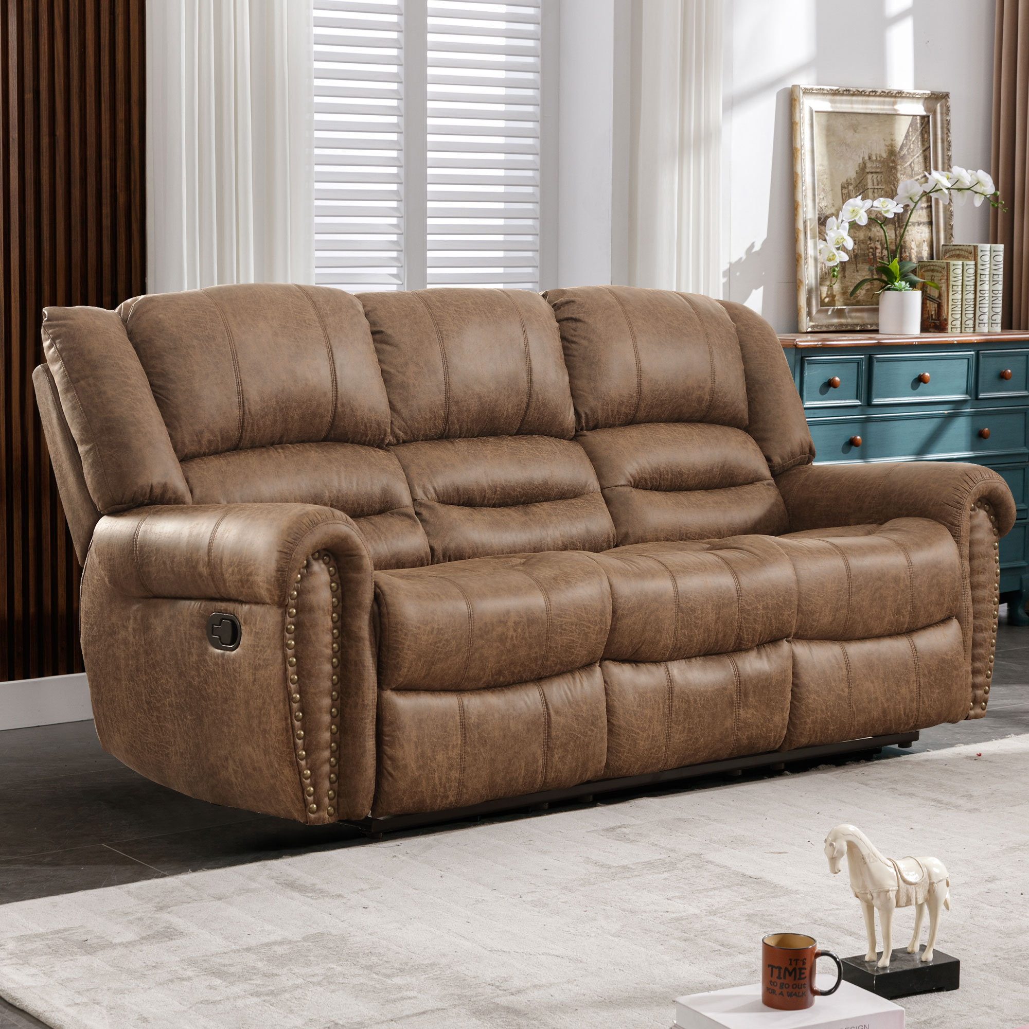 Reclining Sofa: Saddle Brown Faux Leather with Nailhead Trim