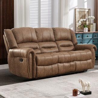 Reclining Sofa: Saddle Brown Faux Leather with Nailhead Trim