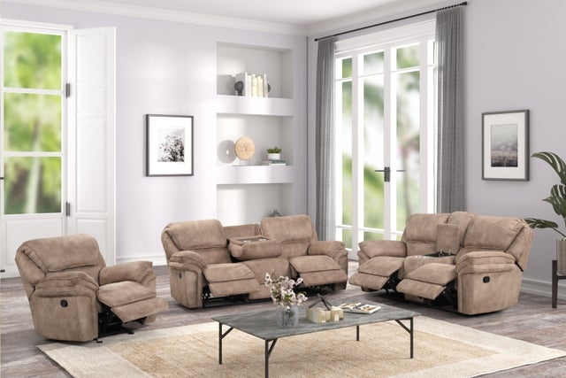 Reclining Sofa Set: Mocha Fabric Drop Down Center Console