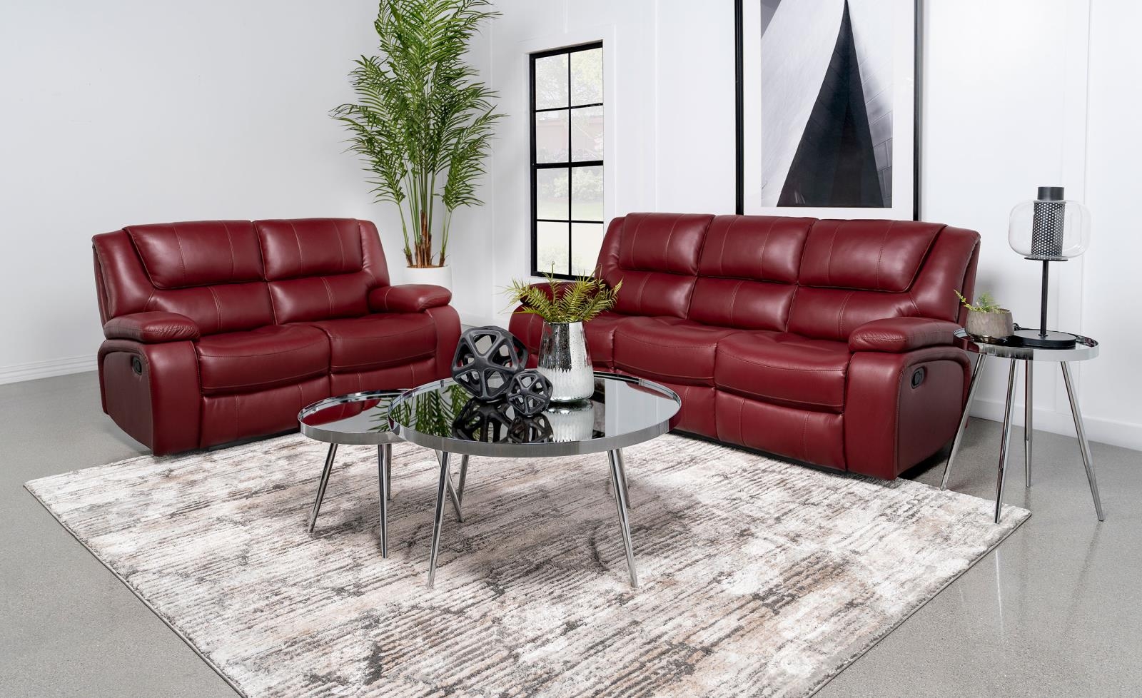 Reclining Sofa Set with Polished Chrome and Burgundy Set