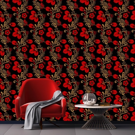 Removable Wallpaper Khokhloma Pattern Bold Black and Red