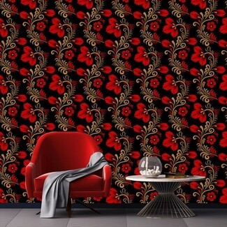 Removable Wallpaper Khokhloma Pattern Bold Black and Red