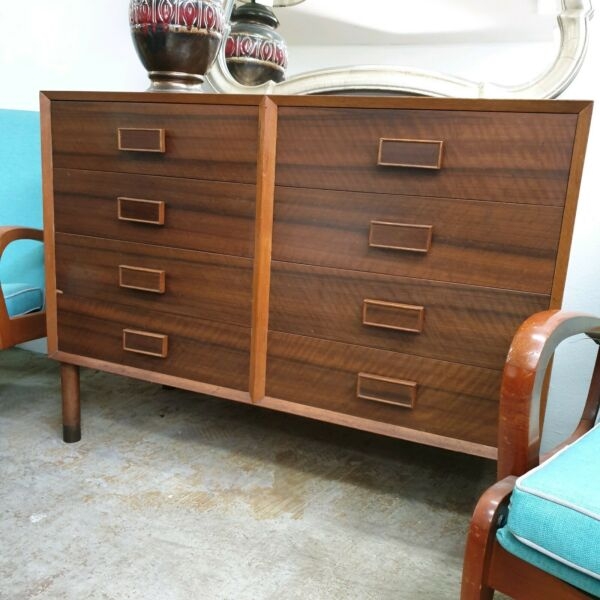Retro 1960s Chest Of Drawers Walnut Block Pulls Lowboy